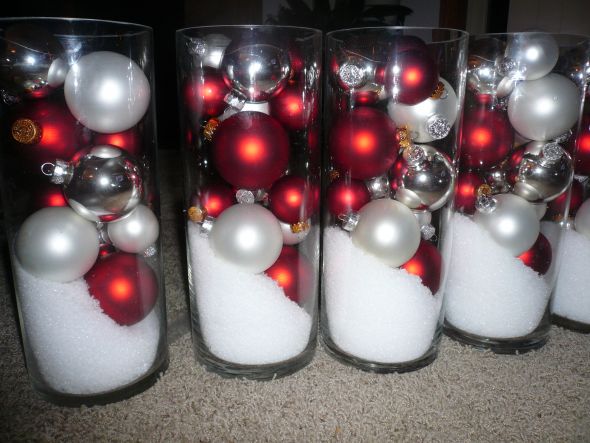 Ornament Centerpieces wedding centerpieces winter ornaments snow red white