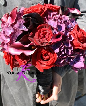 Purple Bridesmaids dresses but what color flowers? :  wedding bridesmaids flowers purple damask Purple Deep Red And Black Wedding Bouquet