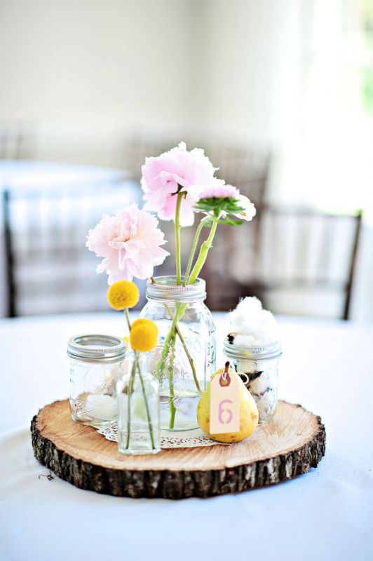 Putting things all together... :  wedding rustic pink burlap bling green outdoor DIY Tree Slice Centerpiece