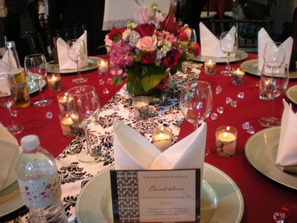 FOR SALE RED cranberry satin tablecloths and black and white damask runners