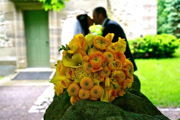 Mu Sunshine bouquet :  wedding calla lillies roses yellow mums freeshia IMG 7852