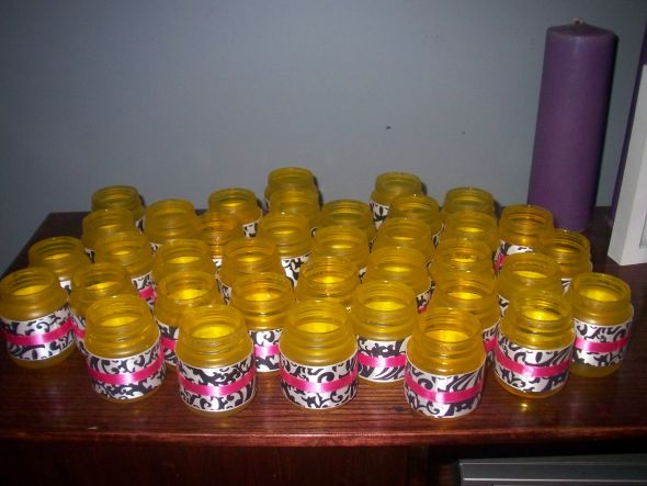 Baby food jar candle holders :  wedding yellow tealights damask candle holder ink ribbon baby food jars TEALIGHTS