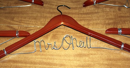 Wire Name Hangers :  wedding bridesmaids diy hangers with names in wire silver wire hangers wire name writing wooden hanger Wire Hangers 3