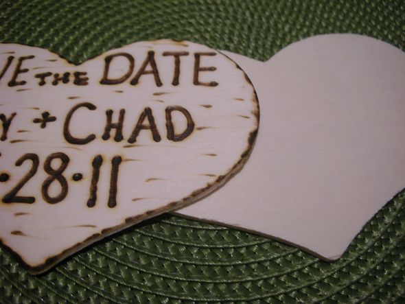 Burnt Wood Save The Date Magnets! :  wedding wood woodburning heart rustic tree outdoor forest brown green inspiration diy Wood STD2