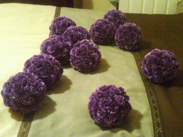 My first attempt at DIY  Pomanders! :  wedding posies posy flower ball pomander aisle decoration carnations ceremony flowers diy Aisle Posy