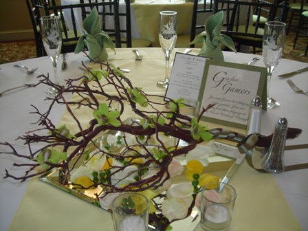 wedding manzanita branch centerpiece orchids flowers reception decorations 