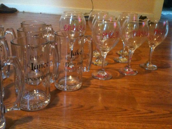 Mugs and Wine Glasses done for an 12 person wedding party bride and groom