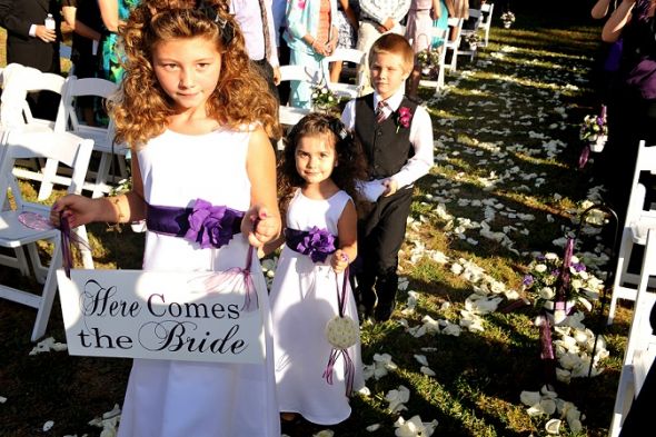 Gallery of the Day : wedding features Flowergirls1 Here comes the bride’ signage : wedding signage here comes the bride purple ceremony Flowergirls1