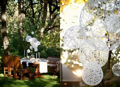 help me decorate my reception space! :  wedding reception space rustic vintage lights branches White Yarn Balls