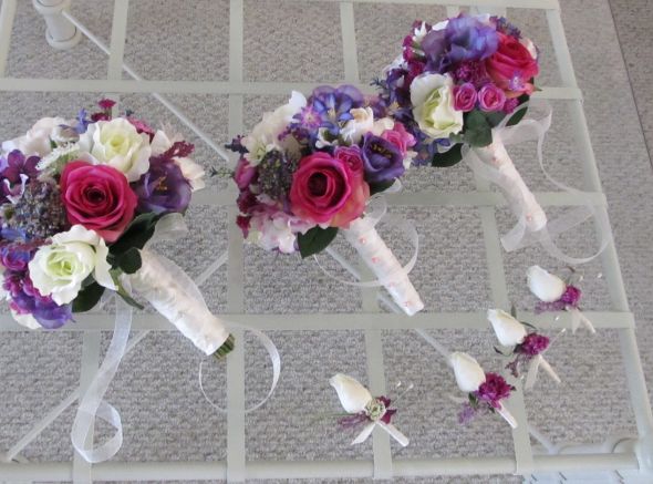 Silk Bridal Bouquet Set in Ivory Purple Raspberry wedding pink purple 