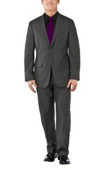 black suit black shirt purple tie