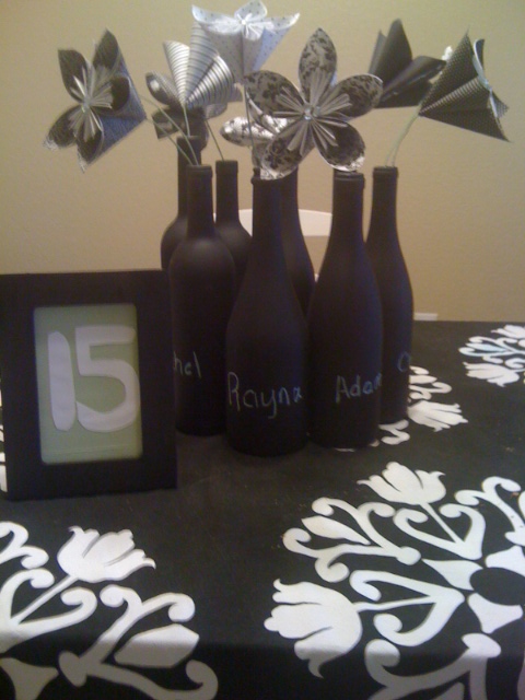 Chalkboard wine bottles wedding black white flowers reception Centerpiece 