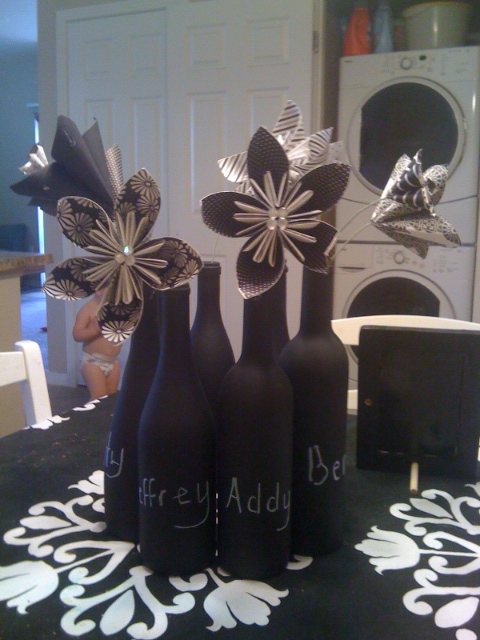 Chalkboard wine bottles wedding black white flowers reception Centerpiece 