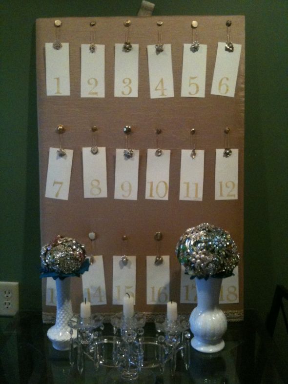 I made this seating chart using vintage fabric buttons clip earrings
